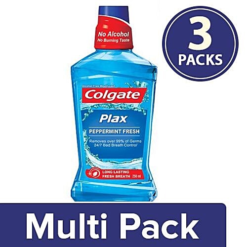 Colgate Mouthwash - Plax Pepper Mint, Alcohol Free, Imported, 3x250 ml Multipack 
