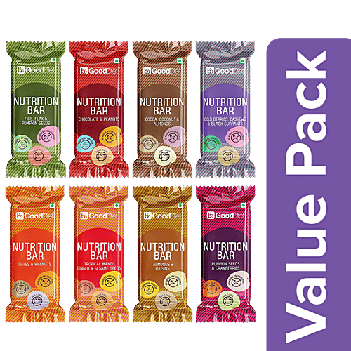 GoodDiet Variety Energy Bars-Fig Flaxseed,Pumpkinseed Cranberry,AlmondRaisin, Berries & Cashew,Mango,Choco Peanut,Date Walnut, Combo 8 Items 