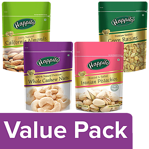 Happilo Almonds 200G + GreenRaisins Seedless 250G + Cashews Whole 200G + Pistachios 200G, Combo 4 Items