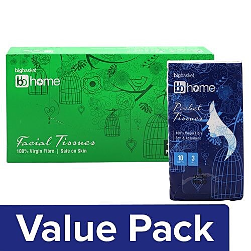 bb home Pocket Tissue - 3 Ply 10 Sheets Pack of 6 + Facial Tissues - 2 Ply 100 Pulls, Combo 2 Items 