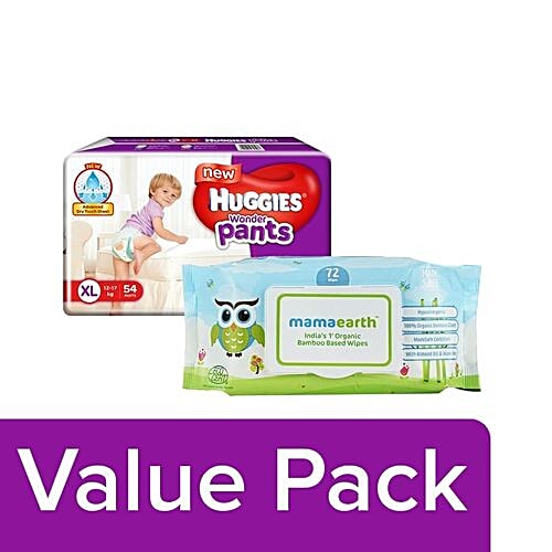 Buy bb Combo Mamaearth Baby Wipes Bamboo Based 200G + Huggies Wonder Pants Extra Large 54pcs