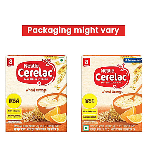Nestle Cerelac Wheat Orange Baby Cereal With Milk - 8 To 24 Months, 2x300 g (Multipack) Source Of Iron, Rich In Nutrients, Source Of 14 Nutrients, No Preservatives, No Refined Sugar