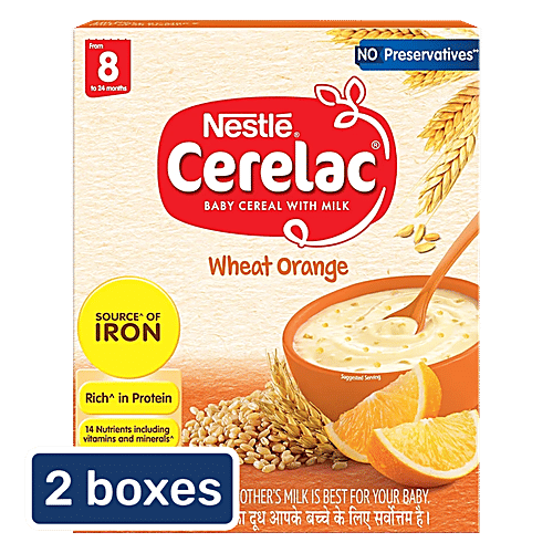 Nestle Cerelac Wheat Orange Baby Cereal With Milk - 8 To 24 Months, 2x300 g (Multipack) Source Of Iron, Rich In Nutrients, Source Of 14 Nutrients, No Preservatives, No Refined Sugar