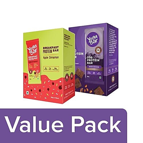 Yoga bar Whey Protein Bar Chocolate Brownie 60G+Breakfast Protein Bar Apple Cinnamon 50G, Combo 2 Items 
