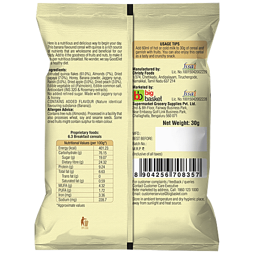 GoodDiet Quinoa Cereal - With Fruits & Nuts, Banana Flavour, 6x30 g Multipack 