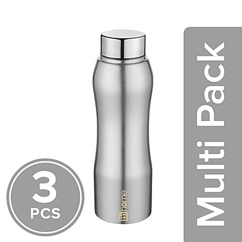 BB Home Trendy Stainless Steel Bottle With Steel Cap - Steel Matt Finish, PXP 1002 BK, 3x500 ml Multipack 