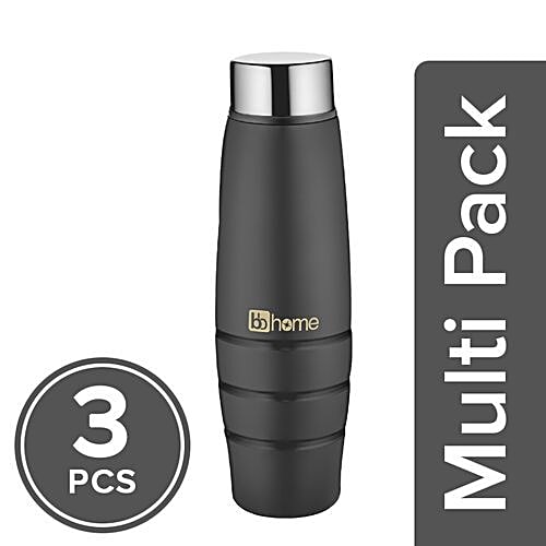 BB Home Aqua Stainless Steel Bottle With Steel Cap - Black Colour, PXP 1003 DV, 3x1 L Multipack 