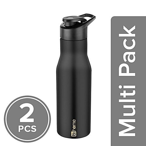 BB Home Puro Stainless Steel Bottle With Sipper Cap - Black Colour, PXP 1008 CQ, 2x750 ml Multipack 