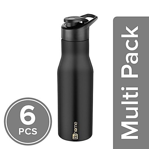 BB Home Puro Stainless Steel Bottle With Sipper Cap - Black Colour, PXP 1008 CQ, 6x750 ml Multipack 