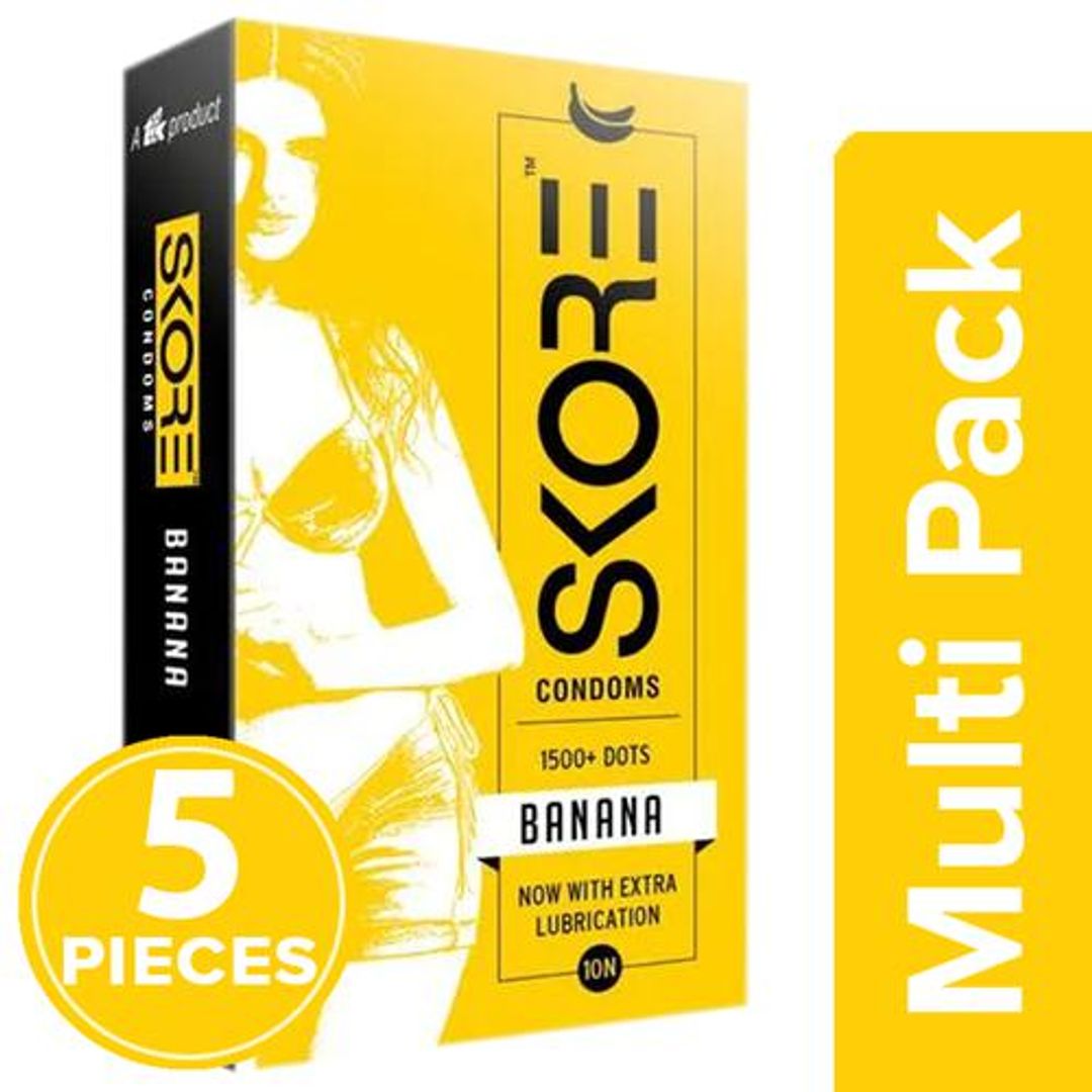 Skore Dotted & Coloured Condoms - Banana Flavoured, 5x10's pack Multipack