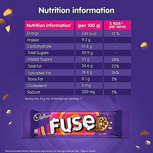 Cadbury Fuse Peanut & Caramel Filled Chocolate Bar, 2x43 g (Multipack) 