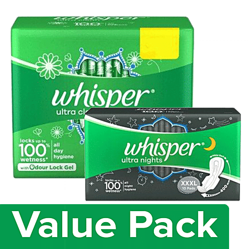 Whisper  Sanitary Pads - XL Plus, Clean, Ultra 44 pcs + XXXL Wings, Ultra Nights 10 pcs, Combo 2 Items 