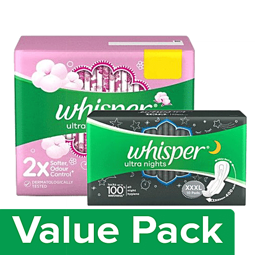 Whisper  Sanitary Pads - XL, Ultra Soft 50 pcs + XXXL Wings, Ultra Nights 10 pcs, Combo 2 Items 