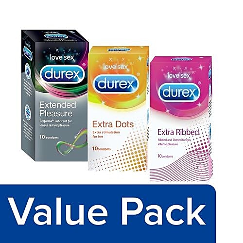 Durex Condoms - Extra Dots 10 pcs + Extra Ribbed 10 pcs + Extended Pleasure 10 pcs, Combo 3 Items 