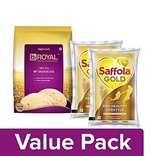 bb Combo Saffola Gold-Pro Healthy Edible Oil 2x1 lt + BB Royal MP Sharbati Wheat Atta 1kg, Combo 2 Items 