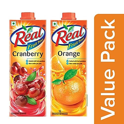 Real Juice - Fruit Power, Cranberry 1 L + Fruit Power, Orange/Santra 1 L, Combo 2 Items 