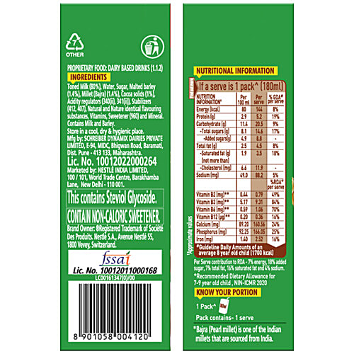 Nestle Milo Cocoa Malt Milk Beverage, 6x180 ml (Multipack) With Indian Millet, Source of B-Vitamins & Protein, Iron & Calcium