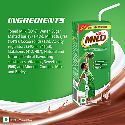 Nestle Milo Cocoa Malt Milk Beverage, 6x180 ml (Multipack) With Indian Millet, Source of B-Vitamins & Protein, Iron & Calcium