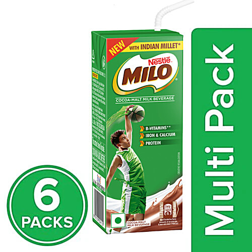 Nestle Milo Cocoa Malt Milk Beverage, 6x180 ml (Multipack) With Indian Millet, Source of B-Vitamins & Protein, Iron & Calcium