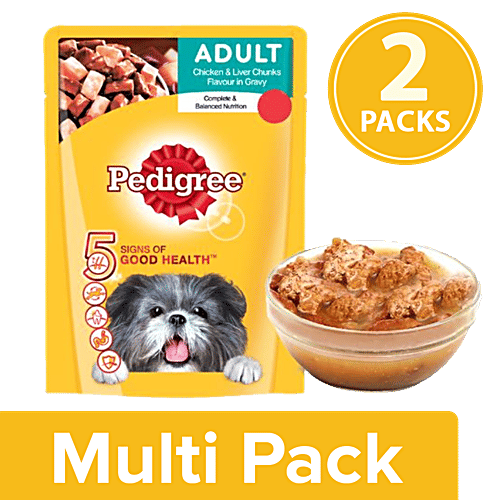 Pedigree Wet Dog Food- Chicken & Liver Chunks In Gravy, For Adult Dogs (Pack of 15), 2x70 g Multipack 