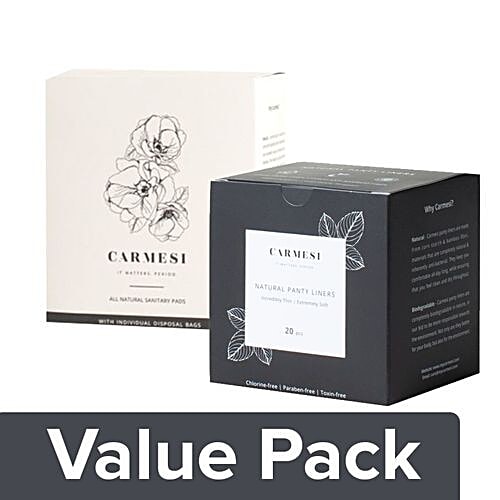 Carmesi Sanitary Pads - All Natural, Regular 10 pcs + All Natural Panty Liners 20 pcs, Combo 2 Items 