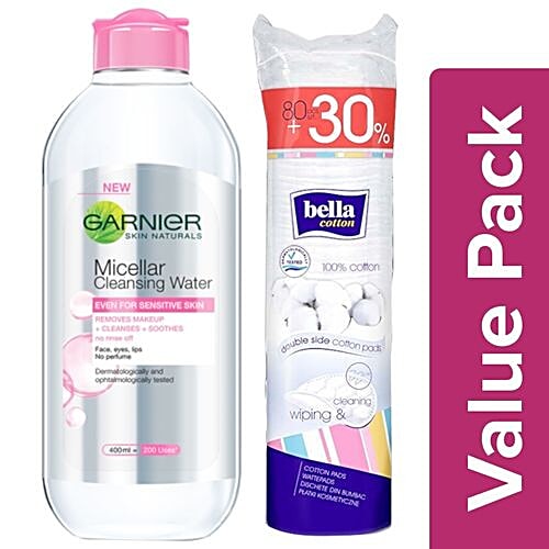 bb Combo Cotton Pads 80 pcs + Garnier Skin Natutals Micellar Cleansing Water 400 ml, Combo 2 Items 