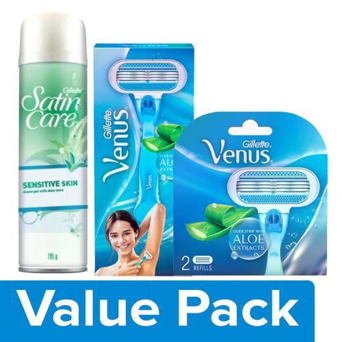 Buy Gillette Venus Hair Removal Razor 1pc+Aloe Vera Razor Blades 2pcs+Shave  Gel-Sensitive Skin 195g Online at Best Price of Rs 923 - bigbasket