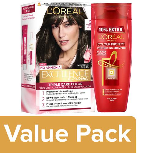 Buy Loreal Paris Excellence Creme Hair Color (72ml+100g) 3 Dark Brown+Color  Protect Shampoo 175ml Online at Best Price of Rs 888 - bigbasket