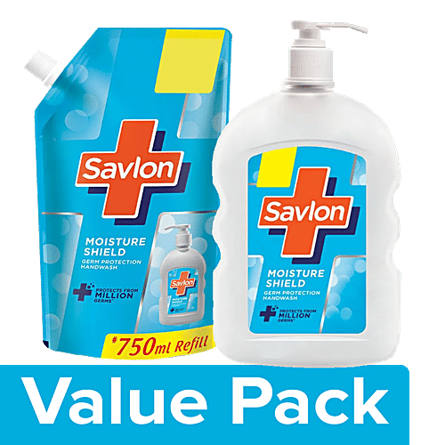 Savlon Moisture Shield Hand Wash 500 ml Pump + Hand Wash - Moisture Shield 750 ml, Combo (2 Items) 