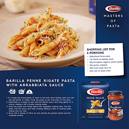 Barilla Durum Wheat Pasta- Penne Rigate 500 g Carton + Pasta Sauce- Arrabbiata 400 g Jar, Combo 2 Items