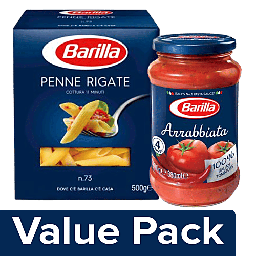 Barilla Durum Wheat Pasta- Penne Rigate 500 g Carton + Pasta Sauce- Arrabbiata 400 g Jar, Combo 2 Items