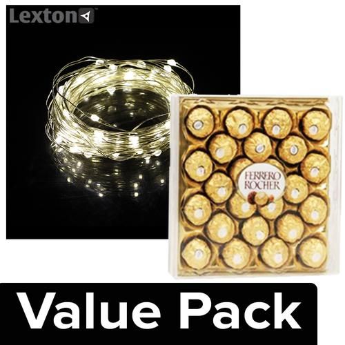 bb Combo Lexton String Led Light With Adapter 10 mt + Ferrero Rocher - Chocolate 24 pcs, Combo (2 Items) 