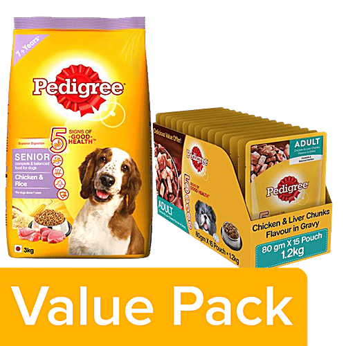 Pedigree Dry Chicken & Rice (Senior) 3kg+Wet Chicken & Liver Chunks (Adult) 70gx15 Packs, Combo 2 Items 
