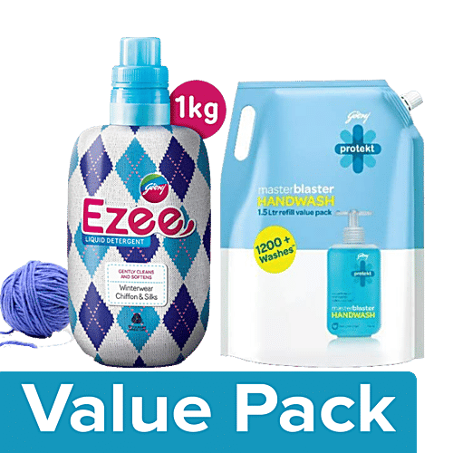 Godrej Ezee Detergent Liquid 1 kg+Protekt Handwash Masterblaster, Refill 1.5 L, Combo 2 Items 