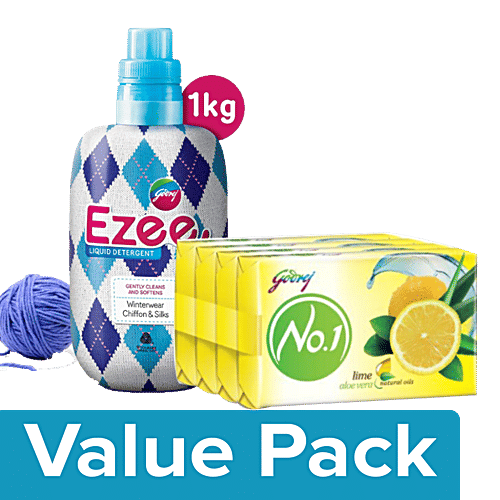 Godrej Ezee Detergent Liquid 1 kg + Bathing Soap Lime & Aloe Vera 150g (Buy3 Get 1Free), Combo 2 Items 