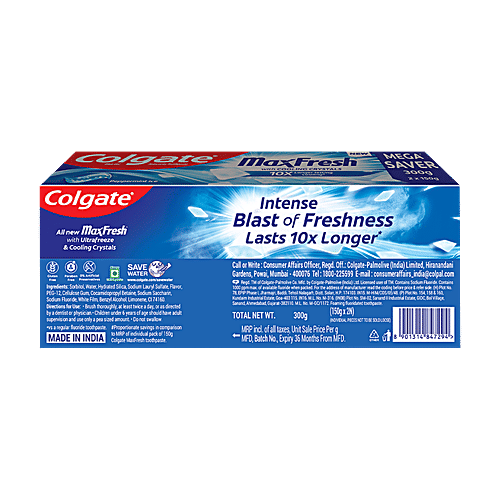 Colgate Max Fresh Anticavity Toothpaste Gel - Peppermint Ice, Saver Pack, 2x300 g (Multipack) 