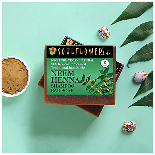 Soulflower Cold Processed Neem Henna Anti Dandruff Shampoo Bar Soap - For Shiny Hair, 2x150g (Multipack) 