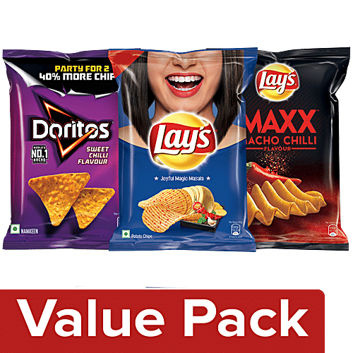bb Combo Lays Chips Joyful Magic Masala 90g+Maxx Macho Chilli 57g+DORITOS Sweet Chilli 82.5 g, Combo (3 Items) 