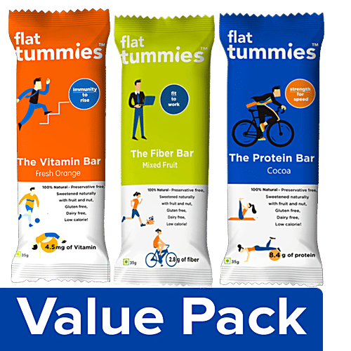 Flat Tummies Protein Bar Cocoa + Vitamin Bar Orange + Fibre Bar Mixed Fruits (35 g each), Combo 3 Items 