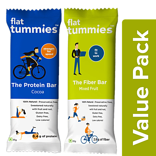 Flat Tummies The Protein Bar - Cocoa 35 g + The Fibre Bar - Mixed Fruits 35 g, Combo 2 Items 