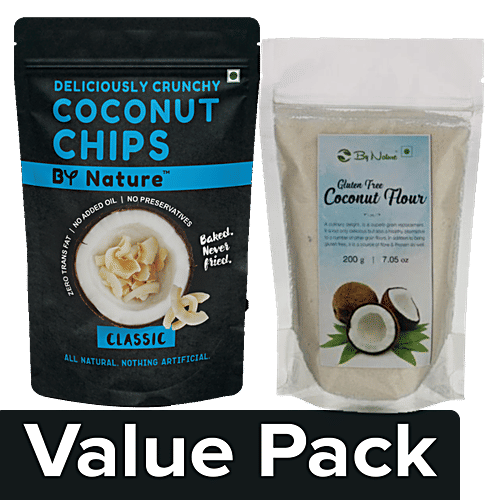 By Nature Coconut Flour 200 g + Baked Coconut Chips - Classic, Snack Pack 30 g Pouch, Combo 2 Items 