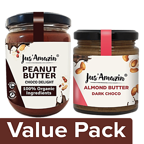 Jus Amazin Almond Butter Dark Chocolate 200 g + Organic Peanut Butter Choco Delight 500 g, Combo 2 Items