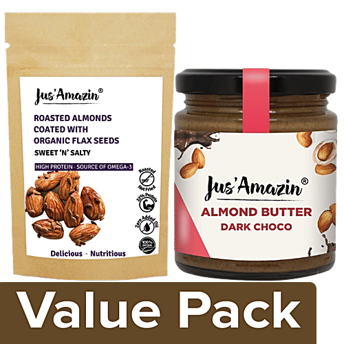 Jus Amazin Almond Butter Dark Chocolate 200g+Roasted Almonds Coated Organic Flax Seeds 19 g, Combo 2 Items 