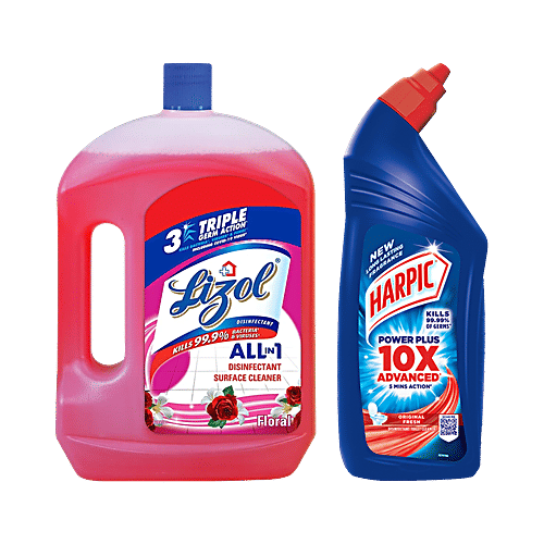bb Combo Harpic Toilet Cleaner Liquid, Original 1 L + Lizol Floor & Surface Cleaner Liquid, Floral 2 L, Combo 2 Items