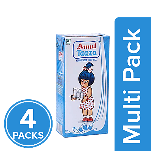 Amul Taaza Fresh Toned Milk, 4x200 ml Multipack 
