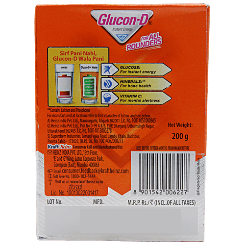 Glucon-D Glucose Based Beverage Mix - Orange, 4x200 g Multipack 