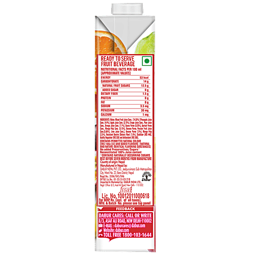 Real Activ Fiber Plus Juice - Multi Fruit Beverage, No Added Sugars & Preservative, 2x1 L Multipack 