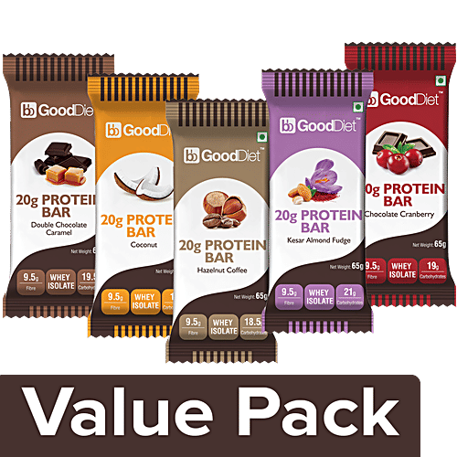 GoodDiet Variety Protein Bar-Double Chocolate, Kesar Almond, Cranberry,Hazelnut & Coconut, Combo 5 Items 
