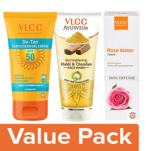 Vlcc Haldi & Chandan FaceWash 100ml+DeTan SPF 50 SunScreen 100g+Rosewater Toner 100ml, Combo (3 Items)