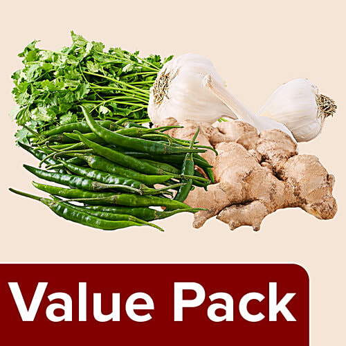 fresho! Coriander Leaves 100 g + Garlic 250 g + Ginger 250 g + Chilli Green Long 250 g, Combo 4 Items 